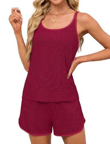 JUSTFASHIONNOW Womens Striped Tank Top Pajama Sets Summer Cami and Shorts Pjs Set Two Piece Short Set Comfy Sleepwear Loungewear(Red-Blue,Medium) - Thumbnail 5