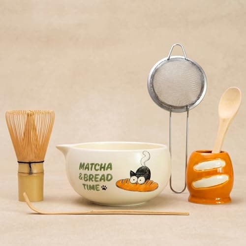 KOIMYSA Matcha Whisk Set with Cat and Bread Pattern, Traditional Authentic Matcha Whisk Kit With Ceramic Spout Bowl, Bamboo Whisk & Stainless Steel Sifter, Chasen and Chashaku - Image 1