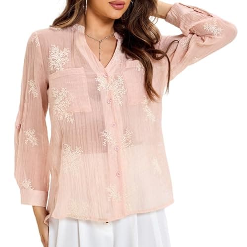 Women's Long Sleeve Sheer Floral Embroidered See Through Button Down Blouse Lightweight Boho V Neck Shirts Small YG010 Pink S - Image 1