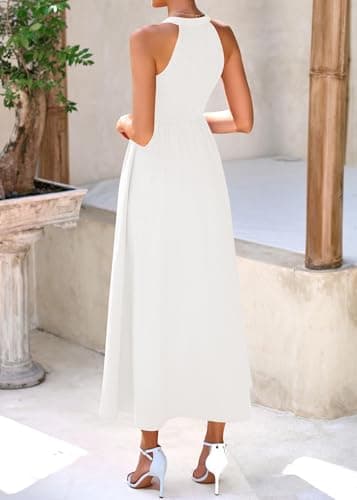 KIRUNDO Summer Dresses for Women 2026 Halter Maxi Wedding Guest Party Cocktail Semi Formal Elegant Classy Long Sundress(Beige White, X-Large) - Thumbnail 2