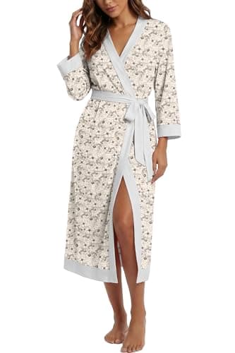 PrinStory Robes for Women Soft Kimono Bathrobe Lightweight Knit Sleepwear long Lounge Robes Apricot Periwinkle-M