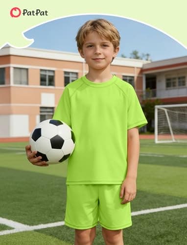 PATPAT Boys Summer Outfits Size 5-6 Years, Yellow T Shirts And Shorts With Pockets, Crew Neck Short Sleeve Tees Stretch Shorts 2 Piece Outfits Boys Short Sets - Thumbnail 2
