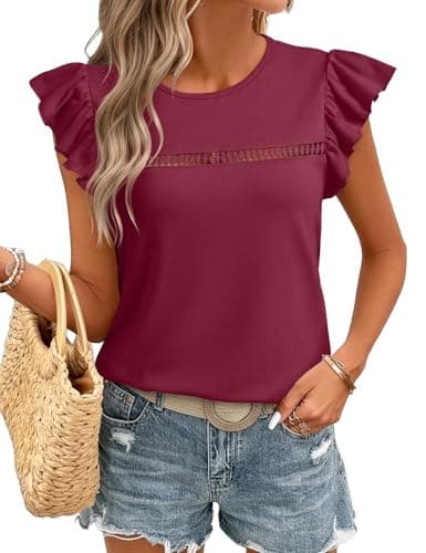 JUSTFASHIONNOW Womens Ruffle Short Sleeve Tops Cute Red Summer Shirts Dressy Casual Crew Neck Blouses 2026 Fashion Outfits(Wine Red,Medium) - Image 1