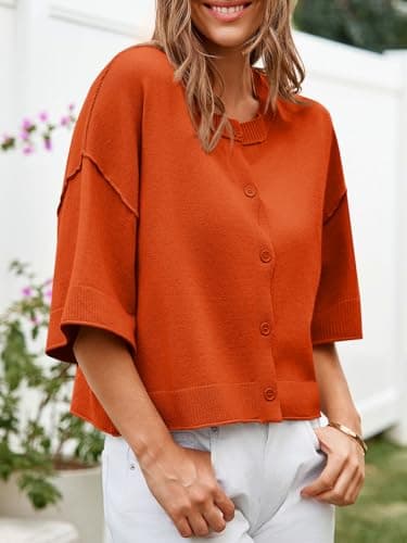 Cicy Bell Womens Half Sleeve Cardigan Sweaters Cropped Button Down Tops Oversized Lightweight Ribbed Knit Summer Outfits Orange - Thumbnail 3