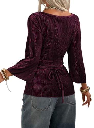 Dokotoo Women's Cute Summer Tops Boat Neck 3/4 Sleeve Basic Tee Shirts Casual Fitted Spring Clothes Ribbed Knit Flare Sleeve Criss Cross Pleated Shirts Claret X-Large - Image 1