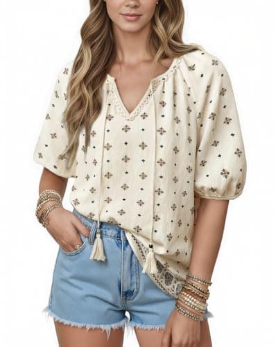 Summer Womens Spring Tops for Women Casual V Neck Half Short Sleeve Boho Blouses Shirts Flowy Vacation Clothes Beige S - Image 1