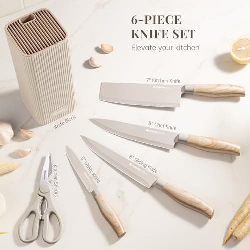 Astercook Knife Set, 6-Piece Kitchen Knife Set with Block, High Carbon Stainless Steel Ultra Sharp Kitchen Knives, Wood Grain Handle, Dishwasher Safe Knife Block Set, Khaki - Thumbnail 2