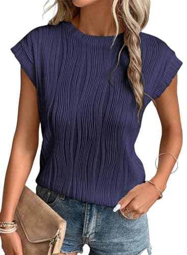 EVALESS Womens Short Sleeve Round Neck Spring Summer Textured Tops Blouses 2026 Fashion Trendy Casual Loose Fit T Shirts Tee Clothes Navy Blue Medium - Image 1