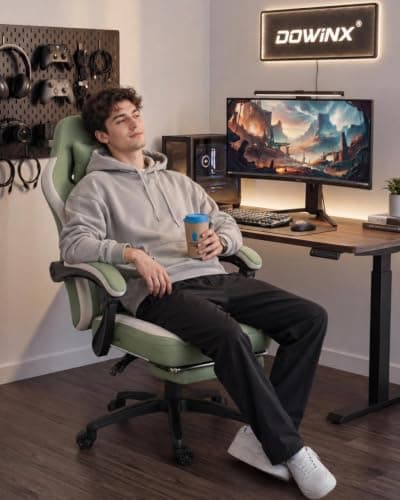 Dowinx Gaming Chair Breathable Fabric Game Chair with Gel Pad and Storage Bag, Comfortable Gamer Chair with Pocket Spring Cushion, Ergonomic Computer Chair with Footrest, Green - Thumbnail 2