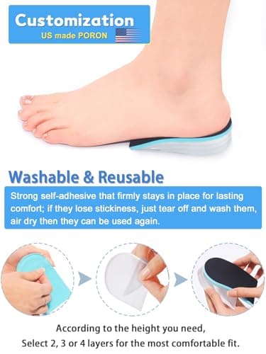 Heel Lift for Leg Length Discrepancy, Heel Pain Relief 【US Made Materials】 Orthopedic Heel Increase Inserts for Plantar Fasciitis, Heel Height Adjustment (2 Pairs (Black), M 8.5-12 / W 10-13) - Thumbnail 6