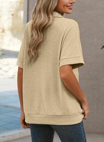 Dokotoo Womens Summer Tops Button Down Short Sleeve Shirts for Women V Neck Casual Solid Shirt Ladies Tops and Blouses Tunics or Tops to Wear with Leggings Women's Clothing Apricot Blouses for Women S - Thumbnail 2