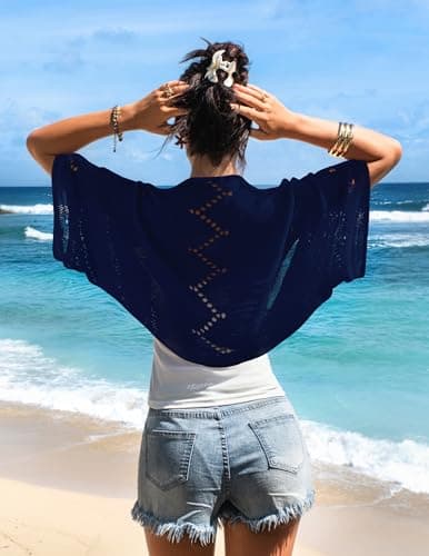 BB&KK Women's Summer Batwing Cardigans Open Front Hollow-Out Knit Cropped Short Sleeve Shrugs Sweater Navy Blue S - Thumbnail 3