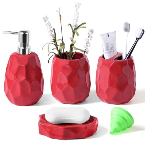 Ceramic Bathroom Accessories Set 4 PCS,Bathroom Toothbrush Holder Set,Soap and Toothbrush Holder Set,Include Toothbrush Holder,Soap Dispenser,Tumbler,Soap Dish,Bathroom Sets Decor Organizer (Red)