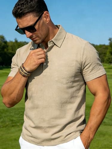 TRFIC Mens Polo Shirts Short Sleeve Golf Shirts for Men Linen Casual Summer Classic Collar Shirts with Pocket Beige - Thumbnail 3