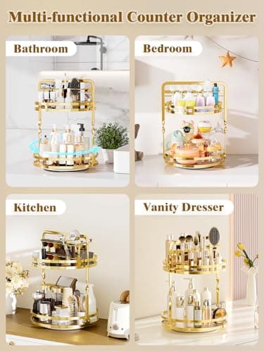 DUANFEE 360° Rotating Makeup Organizer, 2-Tier Gold Perfume Organizer for Dresser, Bathroom Organizer Countertop, Lazy Susan Spinning Perfume Stand Vanity Skincare Storage with Makeup Brush Holder - Thumbnail 5