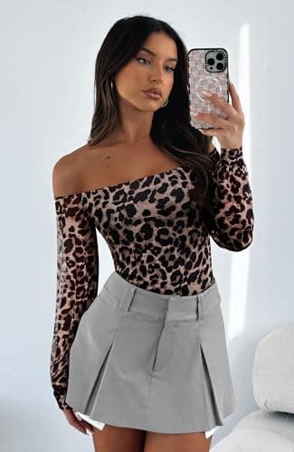 REORIA Womens Going Out Off The Shoulder Sheer Mesh Puff Long Sleeve Thong Bodysuit Tops Leopard Print X-Small - Thumbnail 6