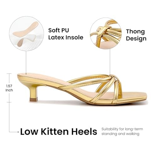 Athlefit Gold Heels for Women Strappy Flip Flop Low Kitten Heels Square Toe Dressy Party Cocktails Dance Short Thong Heeled Sandals Size 6 - Thumbnail 4