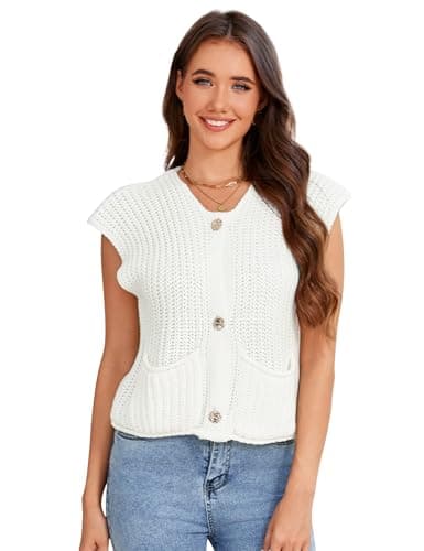 YesFashion Sleeveless Cardigans for Women, Knitted Cropped Sweater Button Up Vest Top for Summer Beige - Image 1