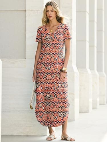 ANRABESS Women’s Summer Maxi Dress V Neck Short Sleeve Slit Side Shirt Dress Loose Fit Travel Beach Dress with Pockets Orange Blue Diamonds X-Large - Thumbnail 2