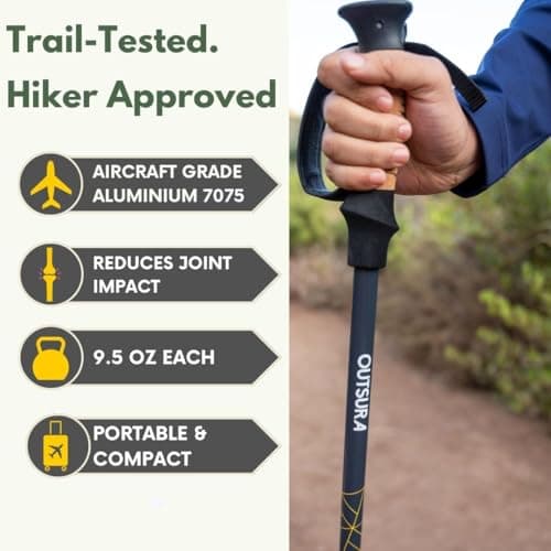 Outsura Trekking Poles for Hiking Collapsible Lightweight Aircraft Graded Aluminum Hiking Poles with Cork Grip & Quick Lock, Pair of 2 Walking Sticks for Seniors Trail & Backpacking - Thumbnail 2