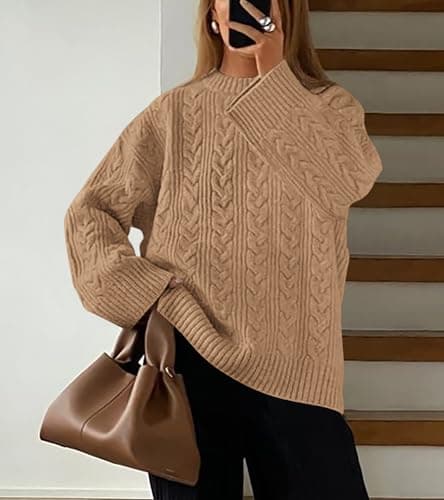 Okiwam Women's Oversized Sweaters Crewneck Cable Knit Pullover Casual Loose Fall Outfits Spring Fashion Clothes 2026-S Khaki - Thumbnail 6