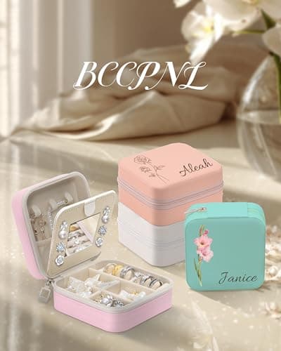 Personalized Jewelry Travel Case(with mirror) with Your Name and Birth Flower,Personalized Gifts for Women - Festival gifts, Bridesmaids Gifts, Small Travel Jewelry Box Organizer for Girls (white) - Thumbnail 5