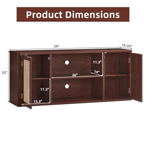LEYAOYAO Rattan TV Stands for Living Room, Boho Media Console with Open Shelf for 50-65 Inch TV, Walnut - Thumbnail 3