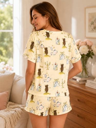 ASTANFY Pajamas for Women Set Two Piece Cherry Graphic Pjs Satin Princess Sleepwear Summer V Neck Short Sleeve Loungewear - Thumbnail 5