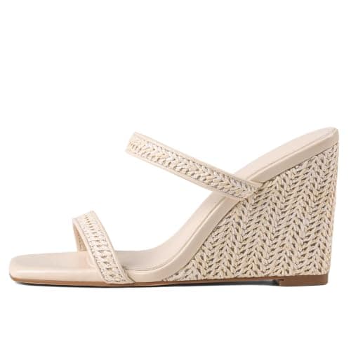 EQAUDES Summer Sandals for Women 2026 Wedge Heels - Square Toe, Espadrilles, Beach Shoes, Beige, Vacation, Wedding Dress