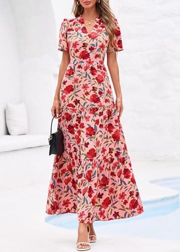 KIRUNDO Womens Floral Boho Flowy Maxi Dress, Pink Red Flower, Large - Thumbnail 6