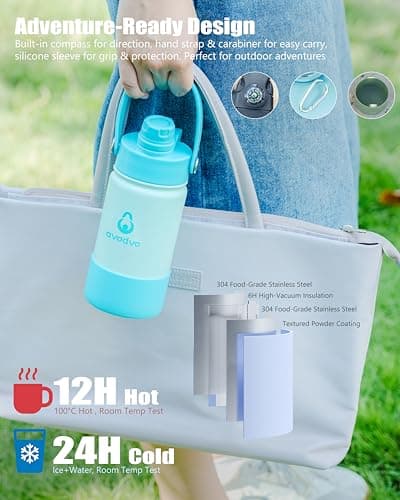 avodvo 12 oz Insulated Water Bottle with 2 Lids (2-in-1 Straw & Spout Lid, Magnetic Lid), Kids Water Bottle with Strap, Kids Stainless Steel Water Bottle for School, PA-Free, Light Blue - Thumbnail 5