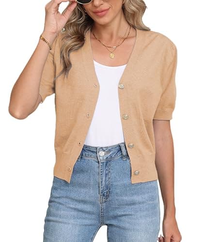 COSSEN Cardigan Sweaters for Women Dressy Apricot Small V Neck Bolero Crop Coat Crochet Button Down Short Sleeve Short Tops Trendy Open Front Lightweight Jacket Summer Knit Cropped Shrug for Dress - Image 1