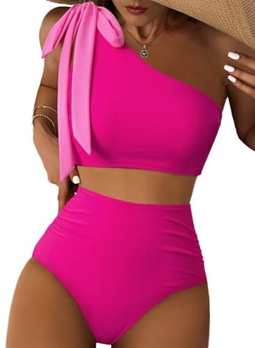 Herseas Two Piece Bikini Sets for Women One Shoulder Tie Bow Modest Full Coverage Swim Suits 2026 Tummy Control Bathing Suits Padded Hot Pink Cruise Outfits Small - Image 1