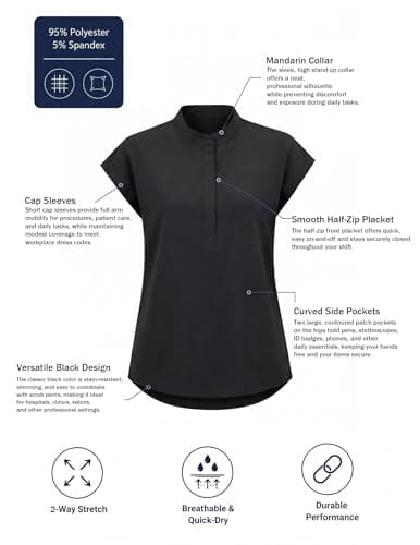 VECARDI Women's Scrub Top Zip Front Stretch Short Sleeve Nurse Uniform Shirt with Pockets Badge Loop Black - Thumbnail 5