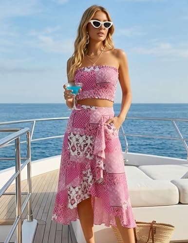 Angashion Women's 2 Piece Dress Floral Crop Top Maxi Skirt Set Outfit Dress with Pockets 2501 Pink Small - Thumbnail 4