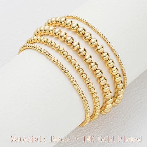 Gold Beaded Bracelets for Women, 5 Pcs Dainty 14K Gold Plated Chunky Stretch Bead Ball Bracelet Stack - Thumbnail 5