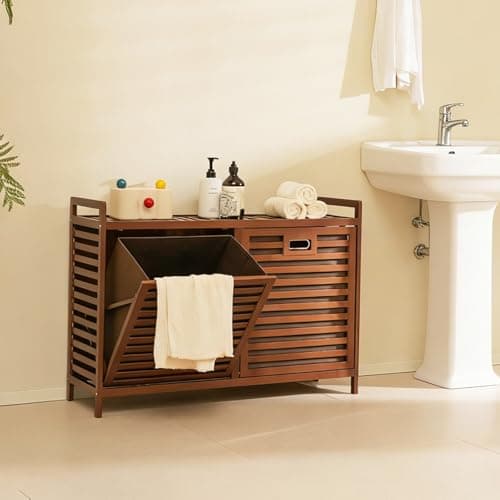 Baveke Bamboo Tilt Out Laundry Hamper with Shelves, Hidden Laundry Hampers with 2 Removable Bags, Pull Out Laundry Hamper Cabinet, Bathroom Storage Shelf for Laundry Room, FSC-Certified, Brown - Thumbnail 6