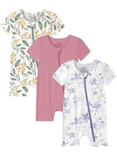 Jimonda Baby Romper Short Sleeve Footless Jumpsuit Rayon From Bamboo Boy Girl Summer Clothes 2-Way Zipper Pajamas 3-Pack(Leaf & Floral &Rose,0-3 Months) - Image 1