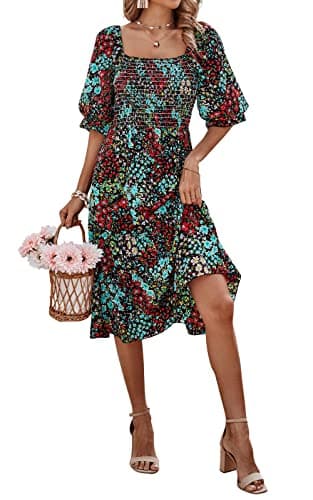PRETTYGARDEN Women's Summer Dresses 2025 Casual Spring Puff Sleeve Square Neck Smocked Dress A-line Flowy Boho Floral Beach Vacation Sundress (Floral Black Multicolored,2XL) - Image 1