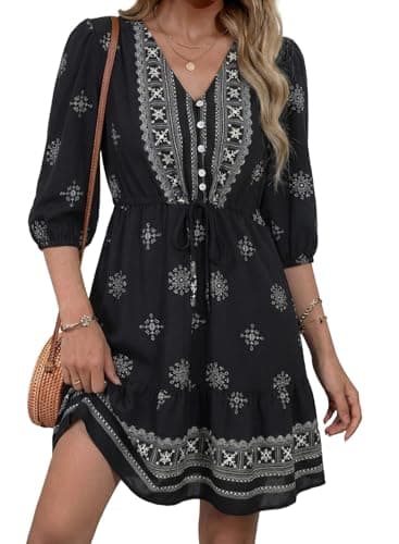 BLENCOT Women's Casual V Neck Button Down Dress Half Long Sleeve Boho Flowy A Line Mini Dress Floral Printed Summer Dresses Daily & Maternity Wear Black L - Image 1