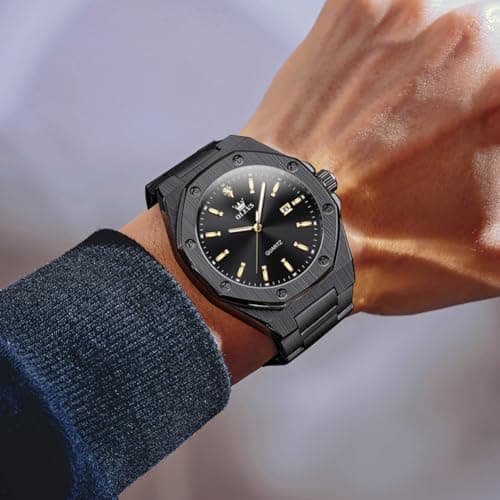 OLEVS Black Watches for Men Luxury Stainless Steel 42MM Big Face Mens Black Watch Dress Casual Waterproof Fashion Watches for Man Quartz Sleek Look for Outdoor Travel Relojes para Hombres - Thumbnail 4