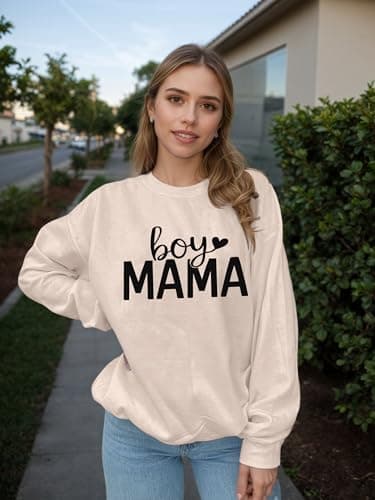 YHHR Mama Sweatshirts for Women Boy Mom Letter Print Long Sleeve Pullover Casual Crew Neck Fall Blouse Tops Apricot - Thumbnail 3