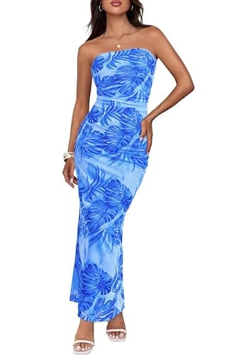 BTFBM Women Summer Strapless Maxi Dress 2026 Bodycon Floral Long Wedding Guest Dress Formal Tube Mesh Cocktail Dresses(Leaves Blue, X-Large) - Image 1