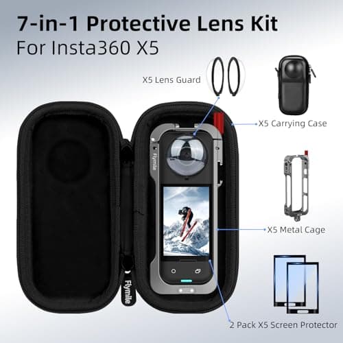 Flymile Insta 360 X5 Utility Cage/Carrying Case (Frame + Lens Cap) Lens Guard/2 Pack Screen Protector Accessories Kit, Tempered Film Glass Metal Cover Portable Bag for Insta360 X5 Protective Bundle - Thumbnail 2