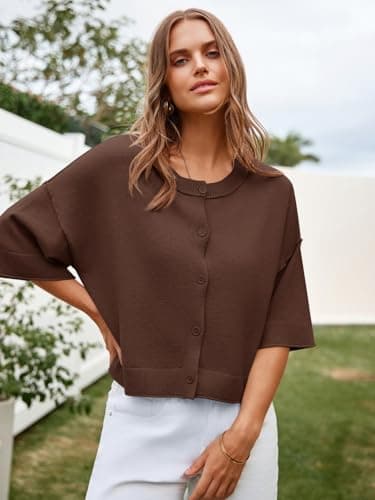 Cicy Bell Womens Half Sleeve Cardigan Sweaters Cropped Button Down Tops Oversized Lightweight Ribbed Knit Summer Outfits Coffee - Thumbnail 5