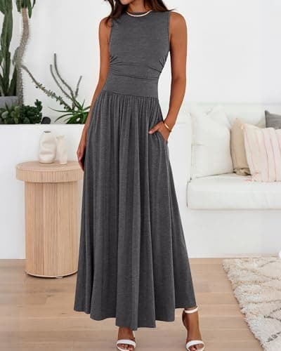 BTFBM Summer Maxi Dresses for Women 2026 Spring Sleeveless Casual Ruched High Waisted Long Sundress Flowy Beach Dress(Dark Grey, Large) - Thumbnail 2