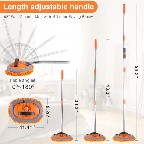 Wall Cleaner Mop with 68” Long Handle,15°Labor-Saving Elbow,Multi-Surface Duster for Painted Walls,Floor,Baseboard & Windows, Includes 2 Replaceable Microfiber Chenille Pads - Thumbnail 2