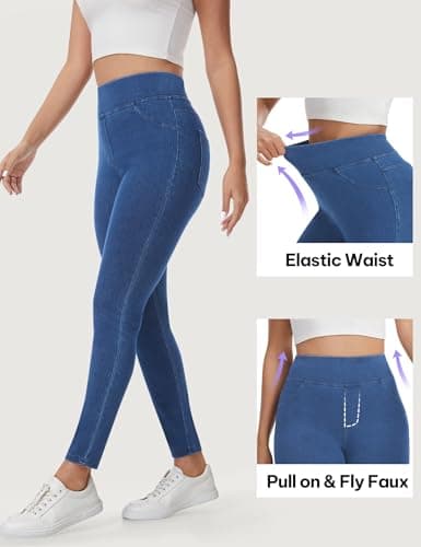 AVAMO Jeggings for Women Tummy Control Stretchy Skinny Jeans Pull On Elastic High Waisted Denim Jeans Leggings Trendy Medium Wash - Thumbnail 6