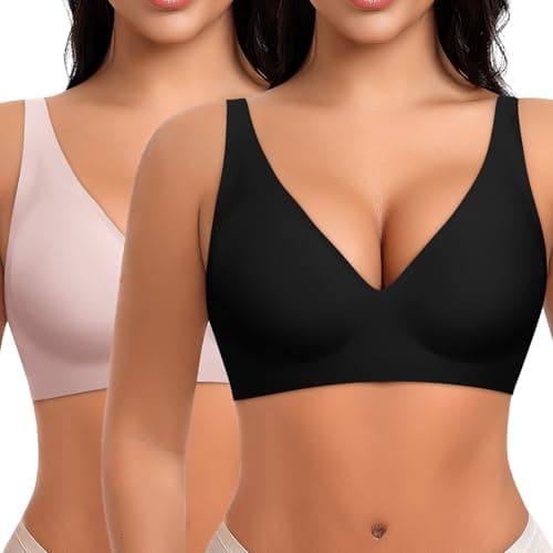 Ganado Deep V Wireless Bras for Women No Underwire Push Up Seamless Padded Comfort Bra Supportive Wirefree Bralette (Black+Pink, Large) - Image 1