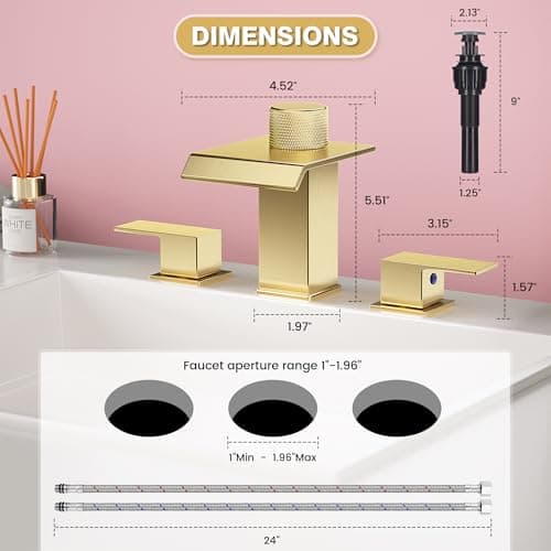 Brushed Gold Bathroom Faucet 3 Hole, 8 Inch Widespread Waterfall Bathroom Sink Faucet with Filter, Includes Metal Pop-Up Drain and Supply Hoses, Perfect for Vanity, Restroom, Sink, Rv - Thumbnail 6